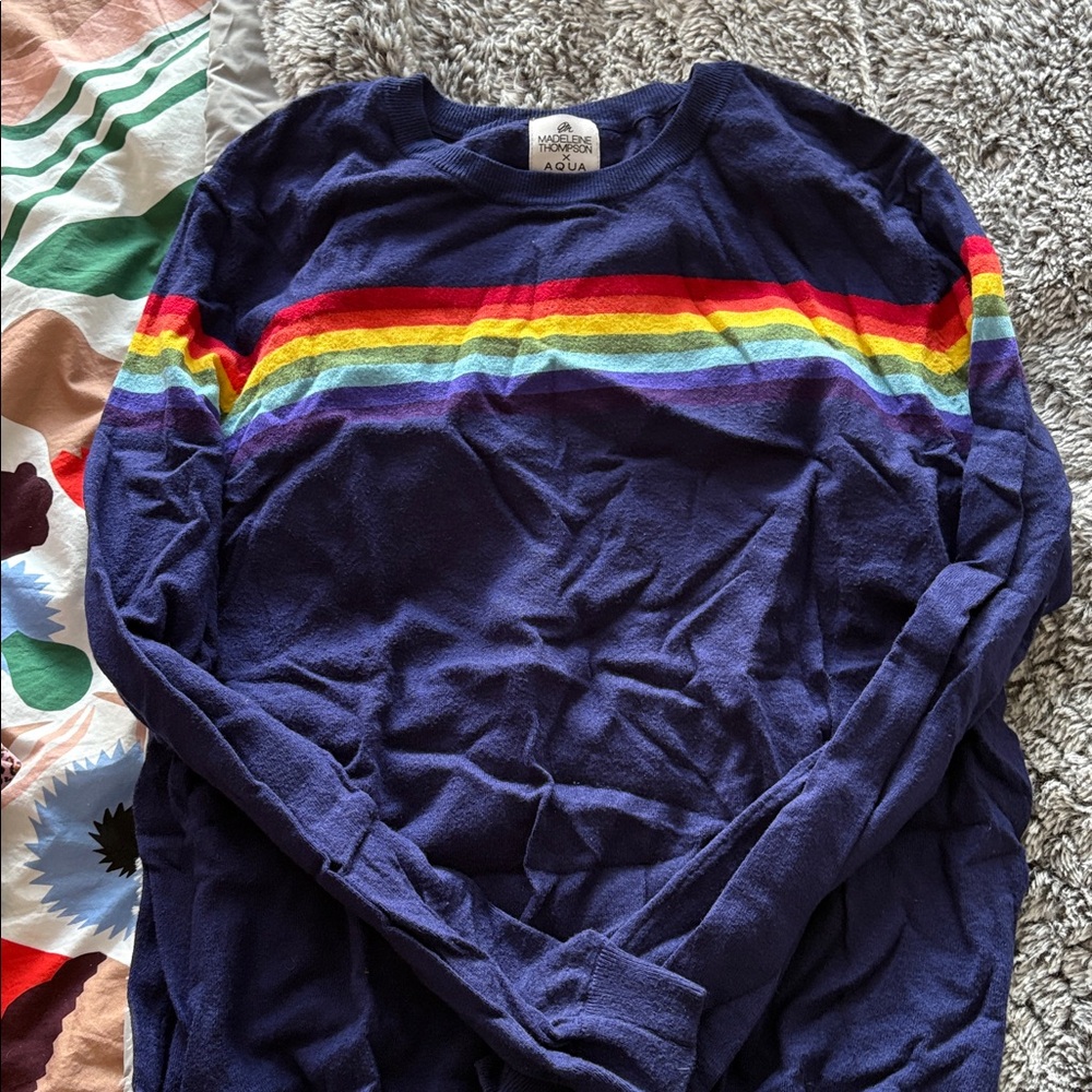 MADELEINE THOMPSON Navy Sweater with Rainbow Stripe